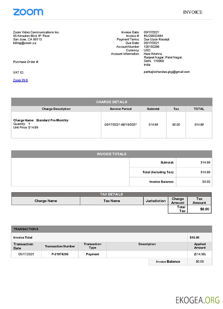 Modèle de facture Zoom aux États , Unis